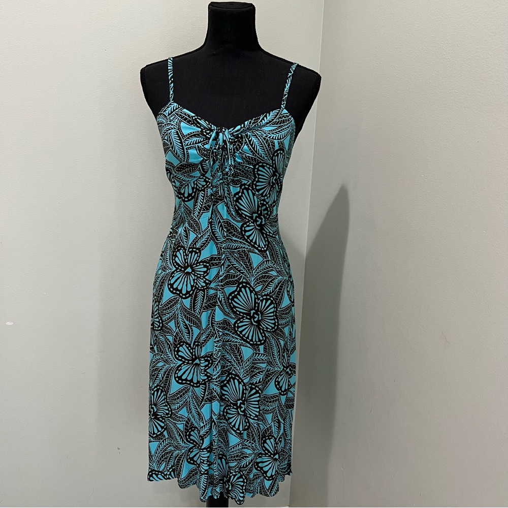 Piramide Clothing Company Handmade Teal & Brown MIDI Dress 100% Rayon Sz M EUC